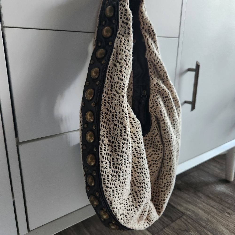 Y2K Boho Cream Crochet Shoulder  Hobo Bag Studded With Leather Trim